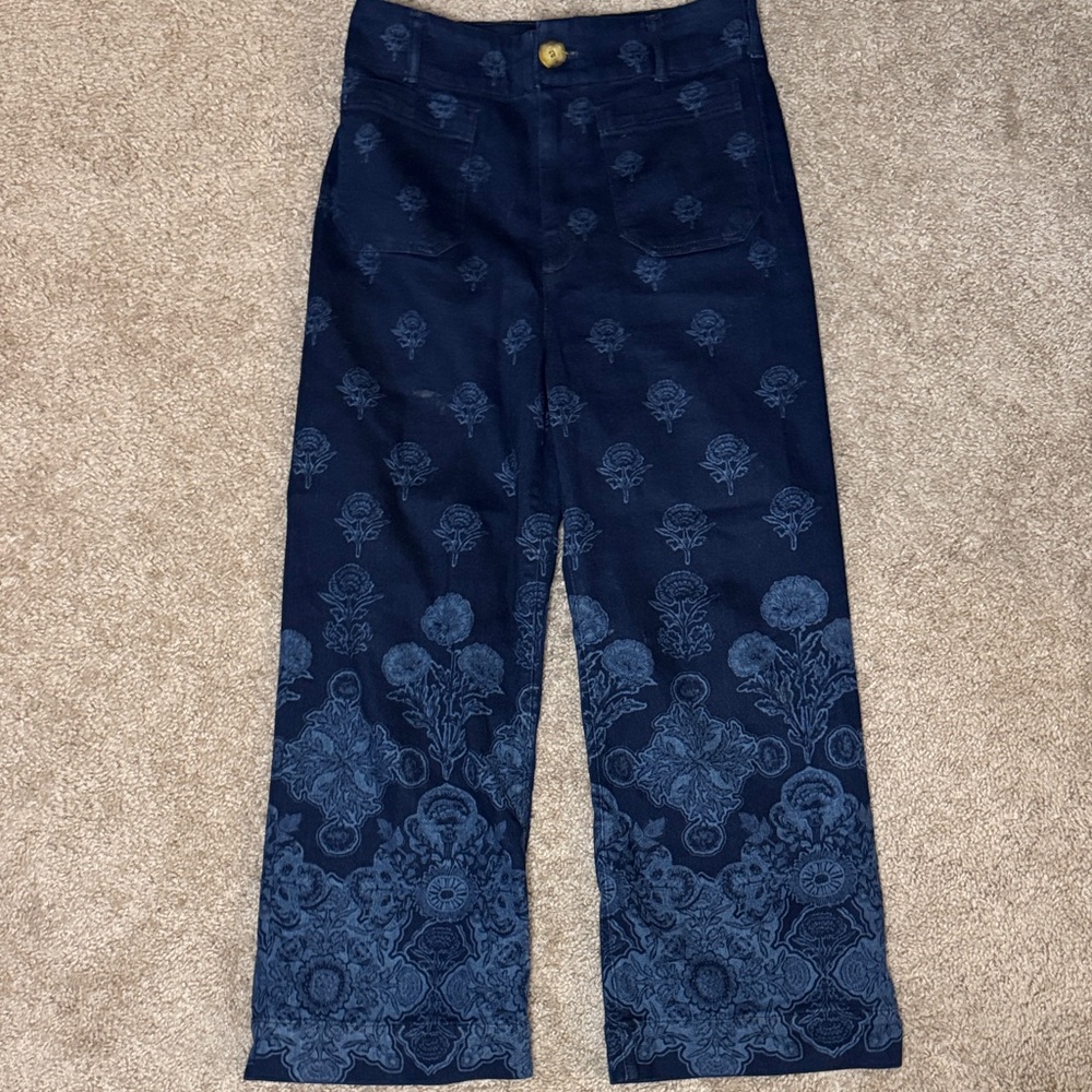 Maeve Navy Blue Floral-Print Wide-Leg Jeans